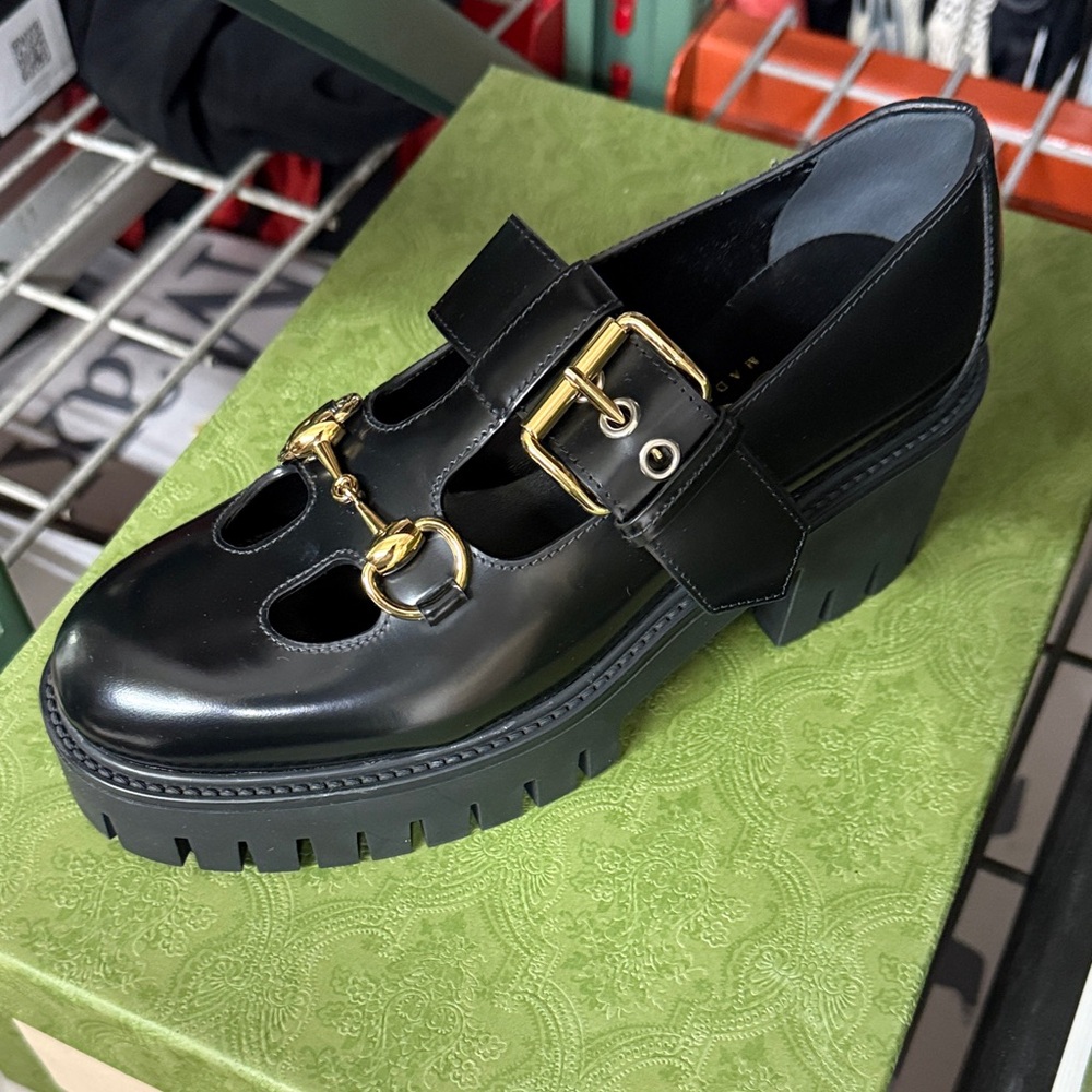 Gucci Black Leather Lug Sole Loafers with Gold Horsebit Hardware